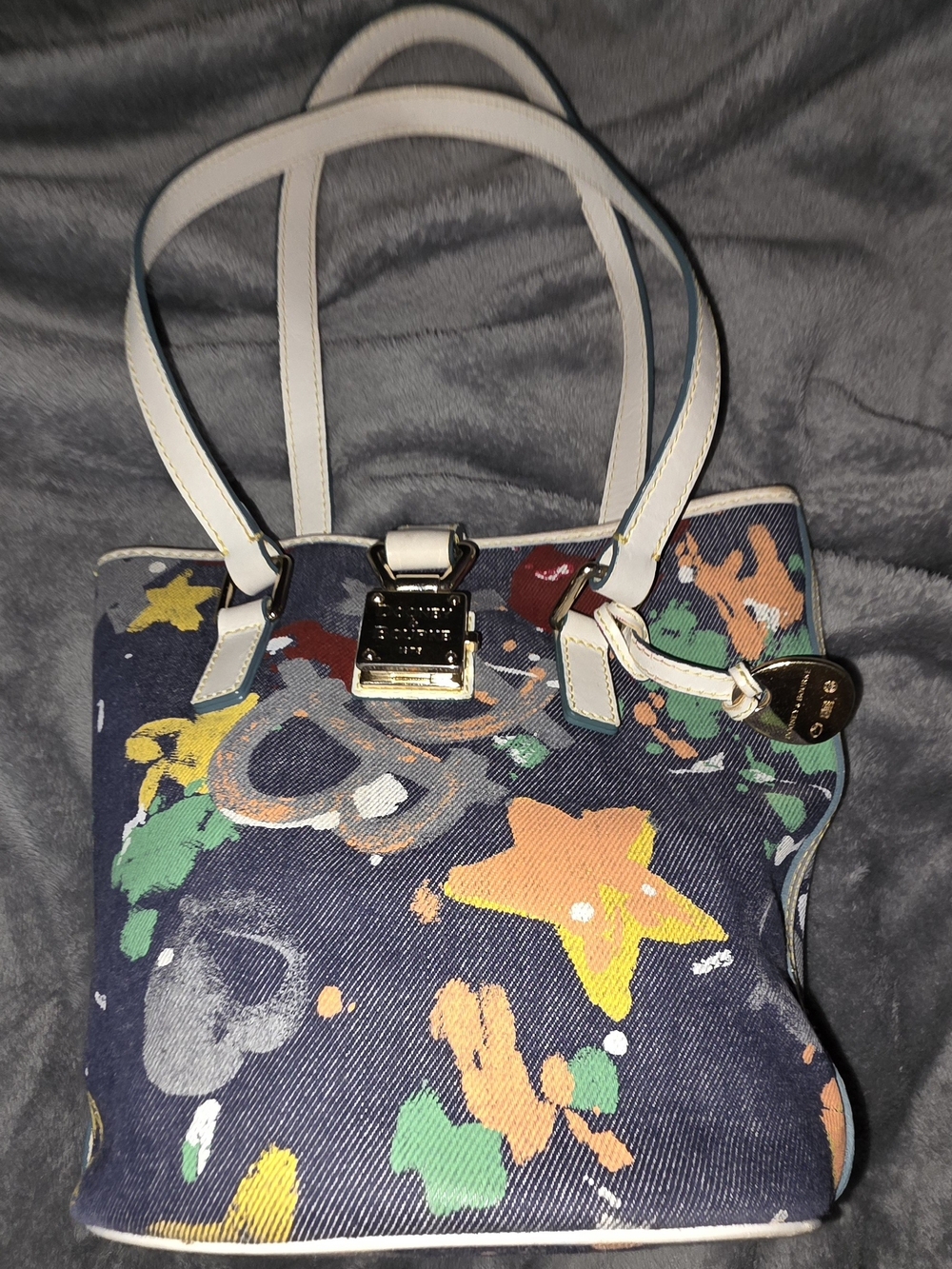 Vintage Y2K Dooney & Bourke Blue Denim Graffiti Paint Splatter Tote Bag - EUC
